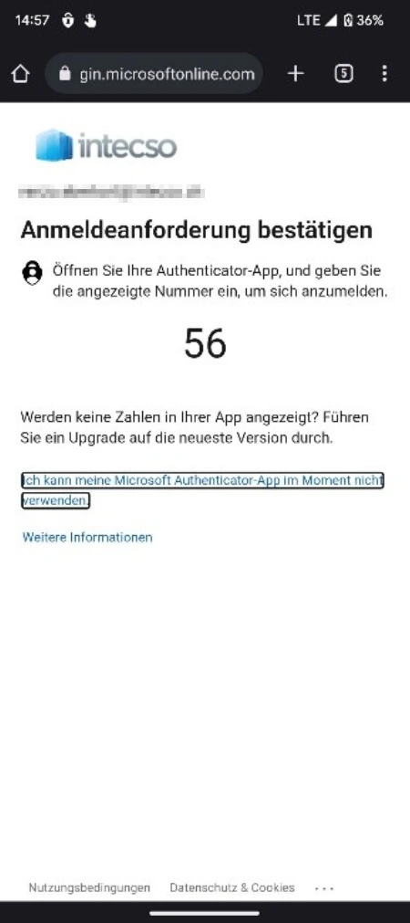 Microsoft-Authenticator-Anmeldeanforderung von Intecso mit Nummernabgleich: Die angezeigte Zahl 56 muss zur Bestätigung eingegeben werden