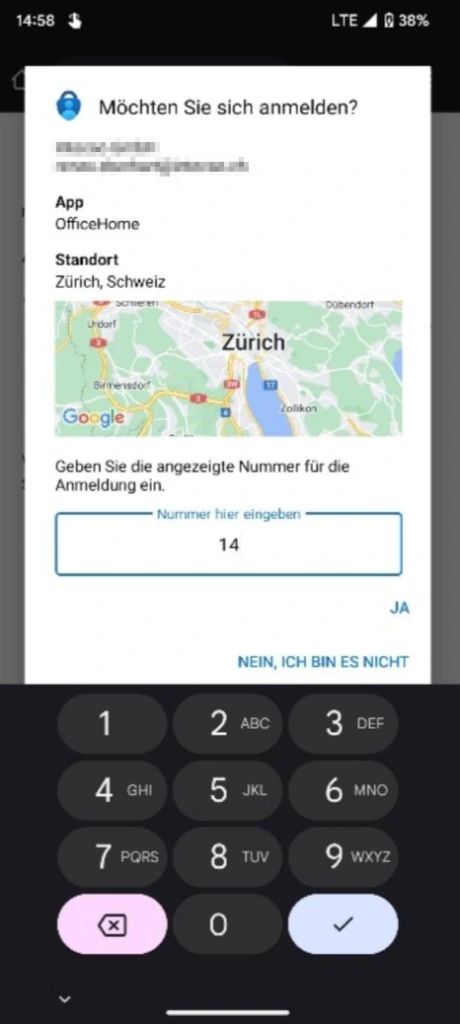 Anmeldebestätigung im Microsoft Authenticator mit Standortanzeige Zürich und Ziffernblock für den Nummernabgleich